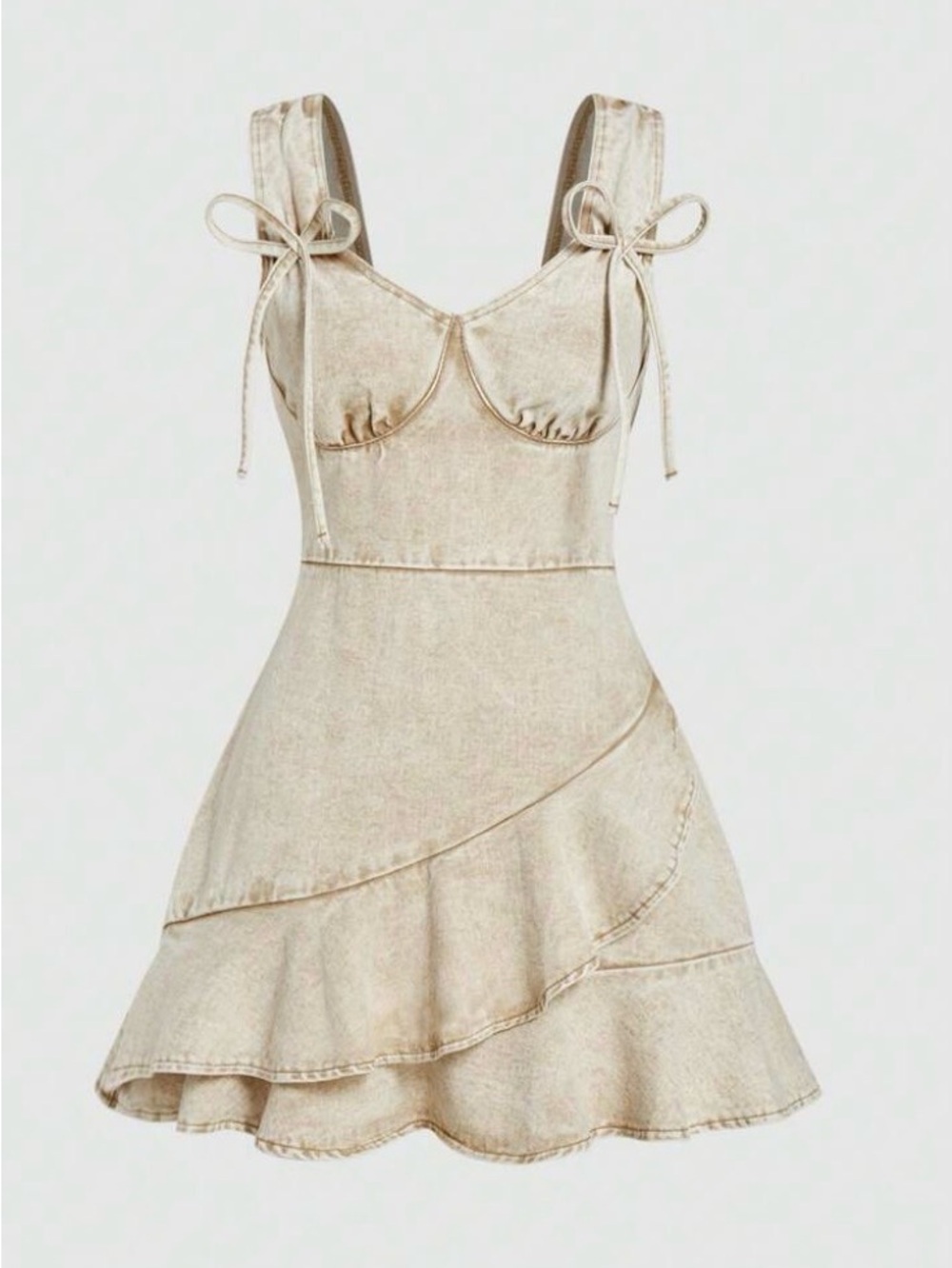 Women M Sleeveless Acid Wash Tan Denim Mini Dress Festival Boho Rave ruffle